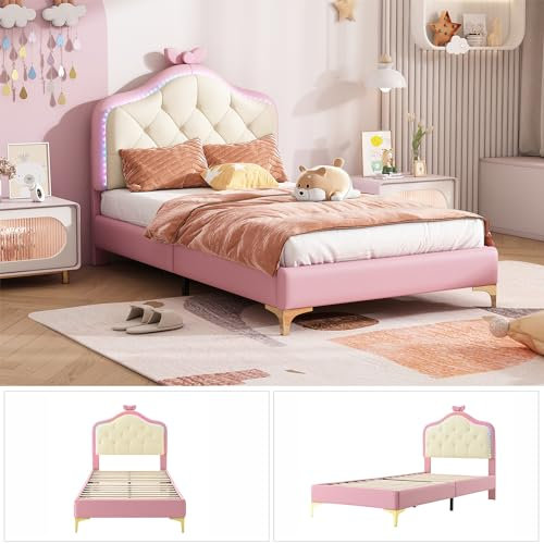 Zelquyx Cadre de Lit en Polyuréthane pour Fille 90 x 200 cm, Simple, Pieds de Support en Métal, Plate-Forme avec Sommier à Lattes, Bandes Lumineuses LED, Tête de Lit + Dossier