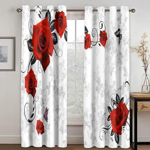 MLUNKQAIL Verdunklungsvorhänge Retro Vorhänge Blickdicht Rote Rose Gardinen mit Ösen Wärmedämmvorhang Verdunklungsdekoschal Gardinen Wohnzimmer 2Er Set 50X140cm (BxH)