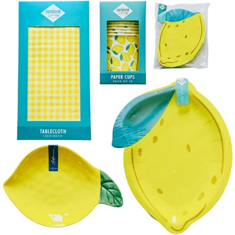 ShopZee Trading Ltd Outdoor Party Tableware Bundle – Disposable Paper Cups, Plates, Napkins, Tablecloth, and Themed Bowl – Perfect for Picnics, BBQs, and Garden Parties (Lemon)