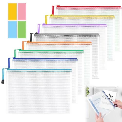 8 Stücke Farbige Dokumententasche mit Reißverschluss A4, Mesh-Kunststoff Reißverschlusstasche, Wasserdichte Dokumententasche, Geeignet für Dokumente, Papier, Kosmetika Usw