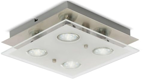 BLicht Deckenleuchte 25x25cm eckig mit 4 x LED Leuchtmittel 3 Watt GU10 Sockel warmweiß 3000K, Farbe: Nickel matt