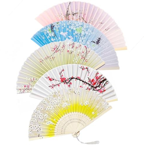 RunFar shop 5 Stück Handfächer Fächer Folding Fans Hand Fans Bambus Fans mit Quaste Faltfächer Klappfächer Taschenfächer für Wanddekoration Geschenke Hochzeit (buntB)