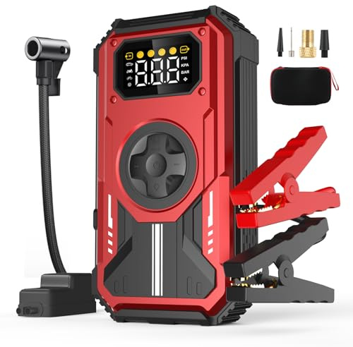 Eigotrav 7-in-1 Starthilfe Powerbank für PKW, 7000A Booster Auto Starthilfe (Bis zu 10L Benzin, 8L Diesel), 12V Jump Starter mit 150 PSI Kompressor, LED Taschenlampe, LCD Display, Rot