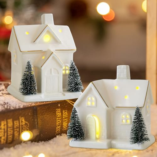 Weihnachtsdorf Beleuchtet Weiß, Weihnachtsdeko Weiß Weihnachtshäuser mit LED Licht, Keramik Weihnachtsdorf mit Beleuchtung, LED Weihnachtshaus Beleuchtet Lichthaus Weiss für Weihnachtsdeko Innen (C)