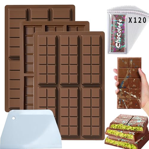 Kinyoda 3 Stück Schokoladenform Silikon, Dubai Schokoladentafel Form 6 Hohlräume, Antihaft Dubai Schokoladenform mit Schaber und Tasche für Dubai Schokolade Bar Pistazie,Süßigkeiten,Schokolade Snacks