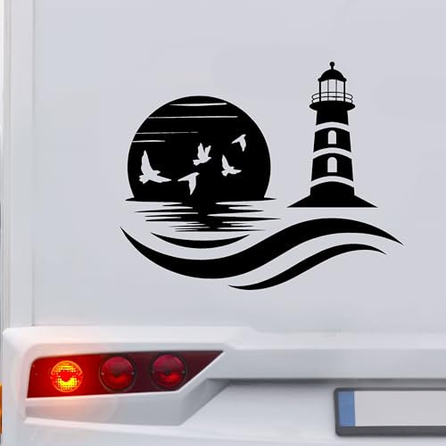 KLEBEKÖNIG Wohnwagenaufkleber Wohnmobil - Leuchtturm Sonne Vögel - Autoaufkleber Spruchaufkleber Sticker Aufkleber Camper