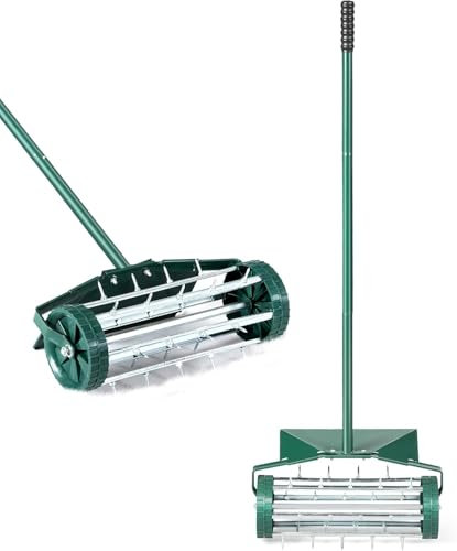 FANTASK Aeratore per Prato a Rullo con Manico, Verde, con Chiodi da 3 cm e paraspruzzi, aeratore Manuale 46 x 23 x 127 cm