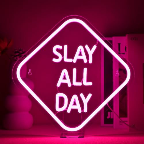 GLYOX Slay All Day Neon Schild Wanddeko für Mädchenzimmer,Neon Sign LED Schild für Bar Party Wand Fenster Dekor,Dimmbar Led Schriftzug für Zimmer Dekoration Lampe Leuchtschild Schlafzimmer