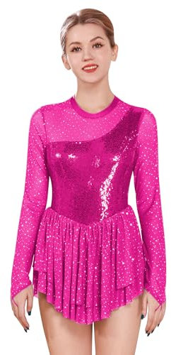 FYMNSI Abito da donna per pattinaggio artistico, con paillette, a maniche lunghe, da balletto, da ginnastica, da ballo, taglie XS-XL, Rosa, L