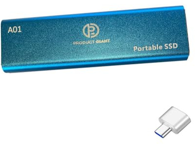 Product Giant A01 Portable External SSD, 2TB Storage, 1050MB/s Speed, USB-C 3.1, Blue.