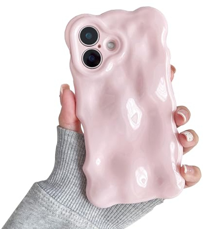 XIZYO Solid Color Wavy Bubble Case for iPhone 16 Plus, Tender Pink | Cute Curly Wave Frame, Aesthetic Curvy Design, Full Camera Protection, Soft TPU Silicone,Shockproof Anti-Yellow,Girly Style
