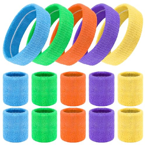 15-teiliges Sport-Stirnband- und Armband-Set, 80er-Jahre-Schweißbänder, saugfähige Schweißbänder, Baumwoll-Stirnband, Handgelenkbänder, Set für Fitnessstudio, Fußball, Fußball, Tennis, Basketball