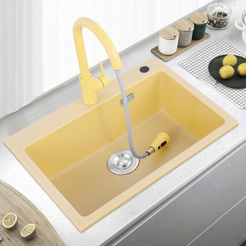 MZQMK Fregadero Cocina 1 Seno Cuarzo Fregadero CocinaIncl Sifón con Grifo De Extracciónasí como Otros Accesorios(B,61x51cm/24x20in)