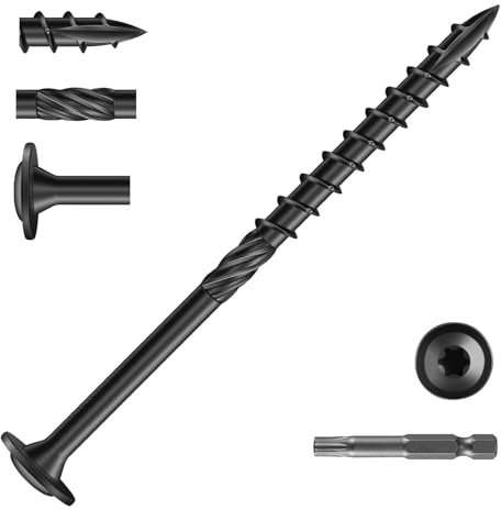 Wavanta 50Pcs Washer Head Wood Screws 6.3 x 100mm, Decking Screw, Black Torx Wood Screws, Heavy Duty Construction Structural Screw, Rust Resistant Coated, with T30 Torx Bit