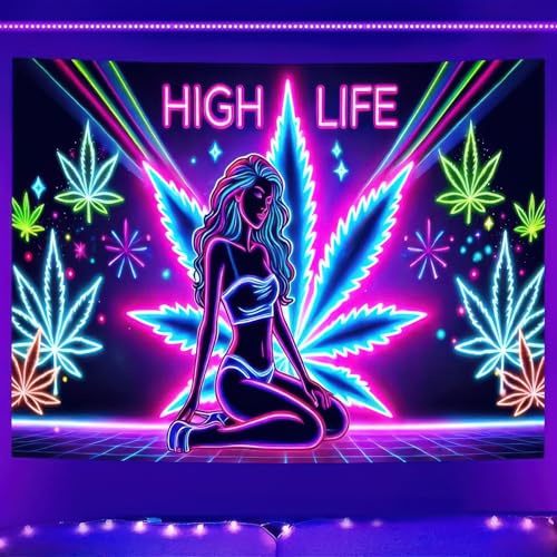 BlissYard Weed Schwarzlicht-Wandteppich, 190 x 150 cm, Mädchen, Neon-Cannabisblatt, rauchendes Cannabisblatt, Schwarzlicht, leuchtet im Dunkeln, Party-Hintergrund, Kunstposter, Zimmer