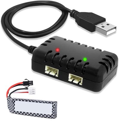 Chargeur 2-en-1 USB pour Batterie Lipo 7.4V, Compatible avec SCX24 SCX10, Les Marques RC, Drones, Bateaux, quadricoptères, connecteur XH-3P. Chargement Efficace, Compact et Facile à Utiliser