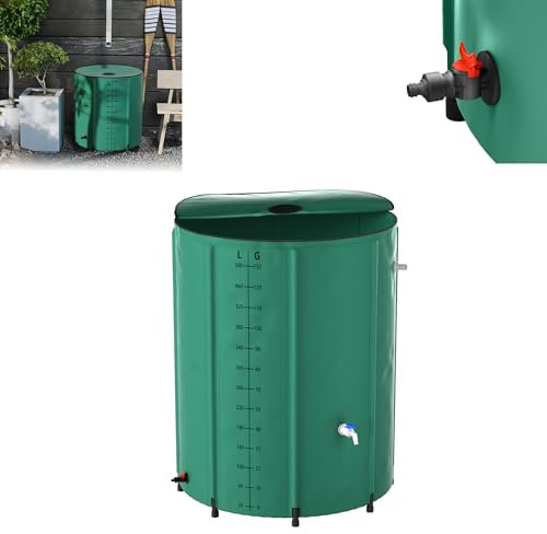 Froadp 500L Regentonnen Faltbare Regenwassertonne mit Deckel & Skala, Matte Plane, Wasserspeicher Wassertank für Gartenbewässerung, Eisbaden Tonne, Regenwasserfass inkl. Ablassventil(Grün)