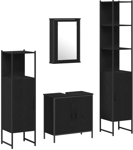 vidaXL 4-teiliges Badezimmermöbel-Set in Schwarzer Eiche aus Holzwerkstoff mit hohem Schrank, Spiegelspeicher und Regalen für stilvolles modernes Design