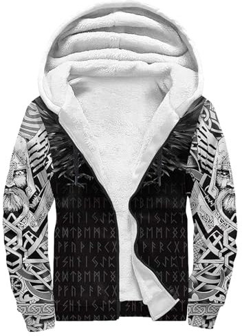Wikinger-Drachen-Tattoo Kapuzenpullover Herren 3D-Druck Fenrir Wolf Winter Warm Hoodies mit Reißverschluss, Fleece Innenseite Kapuzenjacke Dicke Sweatjacke Mit Kapuze(Vegvisir,3XL)
