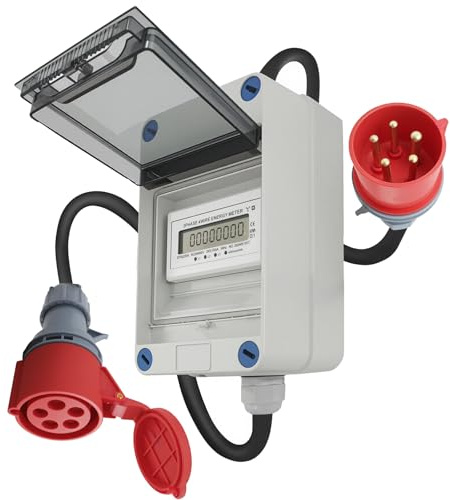 32A Mobiler Stromzähler, 3 Phasen 400V mit CEE Stecker und Kupplung, 200cm 5 * 2,5mm² Kabel MID-Kalibrierung, IP44,für Wohnmobile, Elektroauto, Camping, Industrie