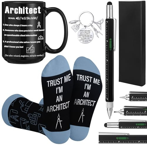 Panitay Architecture Gifts Set for Men 9 in 1 Multi Tool Pen 14 oz Architecture Coffee Mug Keychain Sock Gadget Birthday Retirement Christmas Gift for Father Mechanical Electrical