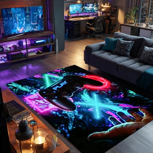 Gaming Teppich 3D Game Controller Design, 100 x 150 cm Gamer Teppich Spielteppich, Rutschfeste & Waschbare Fußmatte, Coole Deko für Jungen Teenager Schlafzimmer Wohnzimmer Spielzimmer Gamer Setup, A