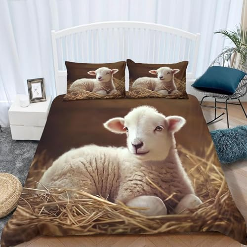 Bettwäsche 135x200 Schaf Bettwäsche-Sets Atmungsaktive Angenehme Bügelfrei Microfaser 3D Bettbezug Nutztiere mit Reißverschluss und 2 Kissenbezüge b-8828