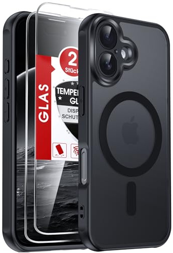 LeYi Funda Magnética para iPhone 16 con 2× Cristal Templado, Negro