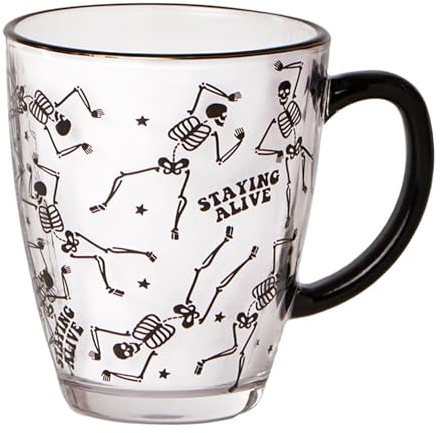 eBoutik - Spooky Halloween Glass Coffee Mug - Heat-Resistant Tea Cup for Spooky Decorative Theme Drinkware - Boo Basket Gift Or Party Favour (Staying Alive Skeletons Black)