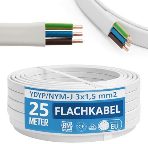 NYM - Cable de alimentación YDYp de 3 x 1,5 mm², 3 pines, cable plano de 25 m, 10 × 5 mm, pasaventanas, cable para ambientes húmedos, conductor de cobre macizo, 300/500 V