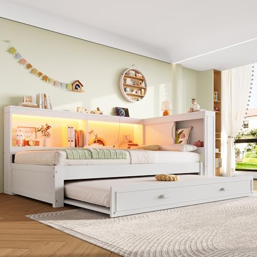 Yihomfy Daybett, 90 x 200 cm, Schlafsofa, Tagesbett mit ausziehbarem Bett, Mit LED-Leuchten, Mit Steckdose, 1 USB-Anschlüssen, 1 Typ-C ausgestattet, Ohne Matratze, Weiß