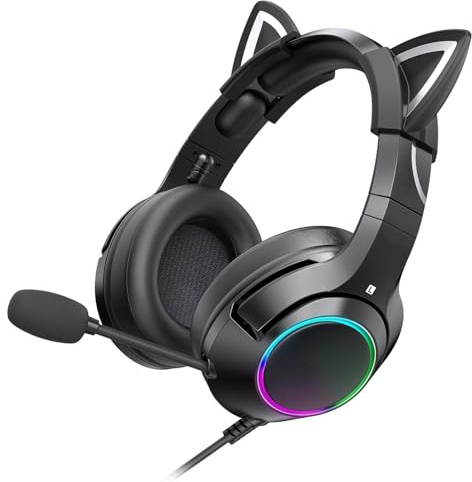 CHEOTIME Gaming-Headset mit Mikrofon, abnehmbare Katzenohr-Kopfhörer, Katzenohr-Design mit RGB-Beleuchtung, Verstellbarer Kopfbügel-Kopfhörer 7.1 Surround Sound, leichte Over-Ear-Kopfhörer (Schwarzer