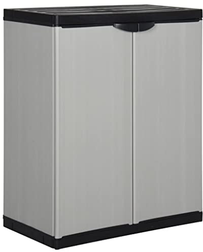 Hoopleep Armoire de rangement de jardin, gris et noir, 68 x 40 x 85 cm, en PVC et polypropylène, armoire en plastique robuste pour rangement de jardin, terrasse, avec 1 sol, verrouillable