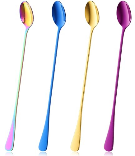 4 Pcs 9.5 Inch Long Teaspoons for Stirring, Colorful Long Handled Ice Tea Spoons, Stainless Steel Latte Spoons, Cocktail Stirring Spoon for Coffee Milk Tea Drinks Mixing