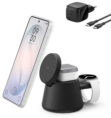 Belkin Ultracharge Induktive Ladestation 3 in 1 mit USB-C-Anschluss für Smartwatch (Watch Ladegerät Nicht enthalten), Qi2.2 Ladegerät 25W für Samsung S26, Galaxy Watch, Apple Watch, mit 45-W-Adapter