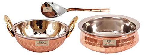 bona fide copper Serving Bowl,Stainless Steel Hammered Karahi and bowl Indian Dishes Serve Ware and tableware(7 inch diameter,(500 ml each) with serving spoon,copper bowl small set only for serving