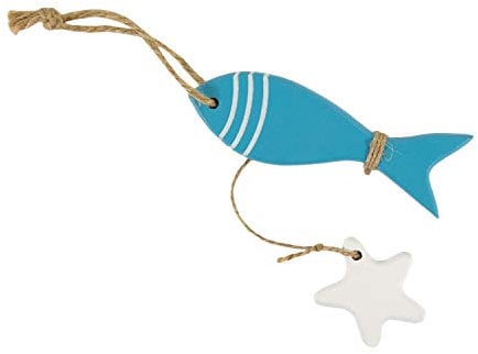 Oblique Unique® Holz Fisch mit See Stern als Maritime Deko Accessoires Hängedeko Tischdeko Sommer Strand Dekoration Blau Weiß - Farbe Wählbar (Hellblau)