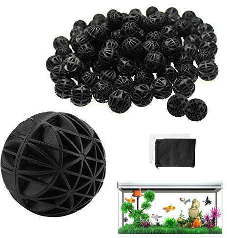 WZYTEU 100 Stück Bio Filterbälle,26 mm Bio Balls für Filtration Reinigung Aquarium Teich Wasserfall brunnen,Filtermaterial für EX Außenfilter(Hergeben:2 Stücke Aquarium Filtertüten)