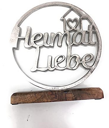 Moderne Skulptur Dekofigur Aluminium Kreis auf Sockel Heimatliebe aus Mangoholz Silber/braun