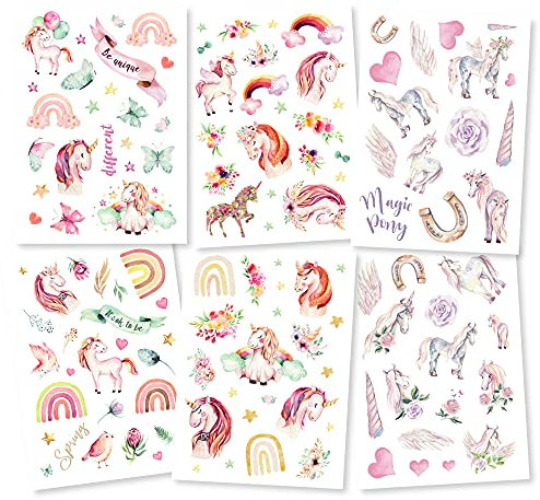 Pandawal® Tattoo für Kinder Einhorn Tattoos 6er Set Pferde Mädchen perfekt für Kindergeburtstag Party Mitgebsel Hautfreundliche Temporäre Kindertattoos