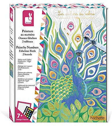 Janod - Coffret Peinture Par Numéro Oiseaux Fabuleux - 2 Tableaux à Réaliser - Les Ateliers du Calme - Kit Loisir Créatif Enfant - Dès 7 Ans, J07986, Taille unique