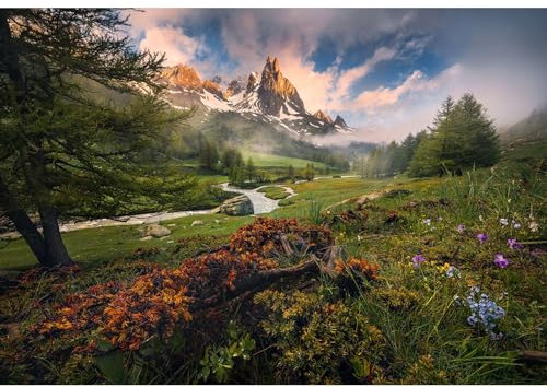 Komar Fototapete - Morning Walk - Größe 368 x 254 cm - Tapete, Berge, Blumen, Wasser, Landschaft, Himmel, Schlafzimmer, Wohnzimmer