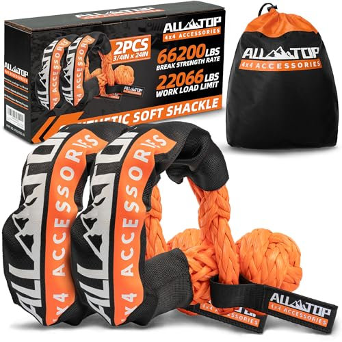 ALL-TOP Cuerda de grillete suave sintética de 3/4 x 24 pulgadas (rotura máxima de 66000 libras) UHMWPE grilletes de remolque de recuperación para vehículos todoterreno 4x4, 2 piezas