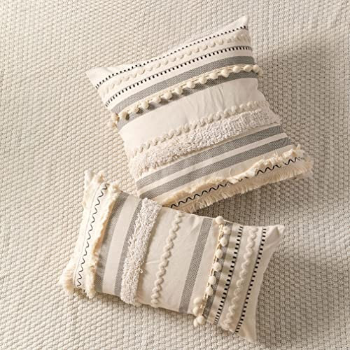 Nunubee Boho Kissenbezug gewebt getuftet gestreift dekorativer quadratischer Kissenbezug mit Pom Pom für Schlafsofa Bauernhausgeschenk 45 * 45cm