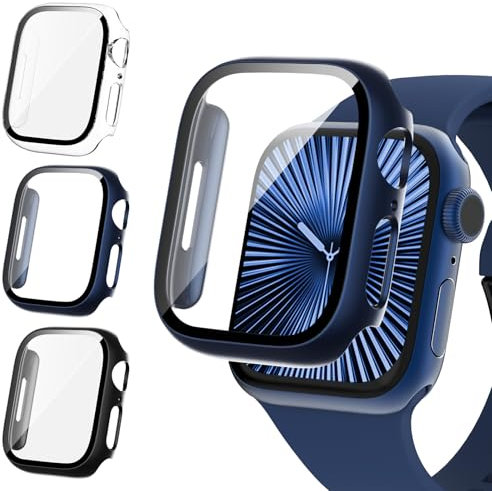 Fullife Confezione da 3 custodie per PC opache con pellicola protettiva in vetro temperato compatibile con Apple Watch Series 7 da 41 mm bumper antiurto per iWatch 41 mm serie 7 (nero blu trasparente)