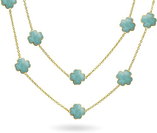 Bling Jewelry Collier Long De Fleurs Émail Blanc, Rose, Bleu Aqua Et Noir, En Argent Ou En Plaqué Or, Avec Une Chaîne De Stations Émail Nacré, Avec Une Couche De Trèfles Pour Les Femmes De 30 Cm.