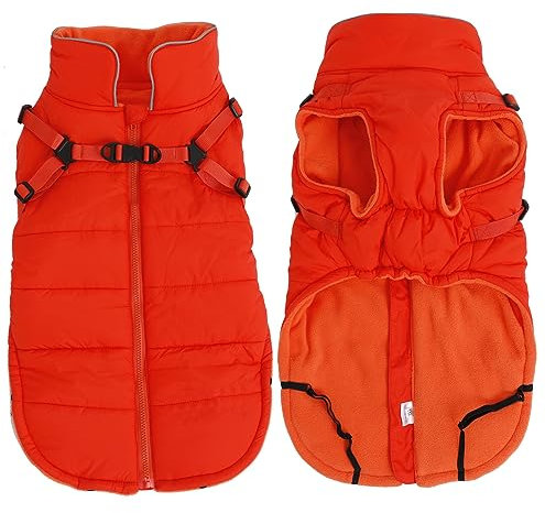 babepet Waterproof Dog Coat with Harness,Dog Winter Jacket with Fleece Lining,Reflective Vest Pet Clothes with Adjustable Chest Strap-Orange-L