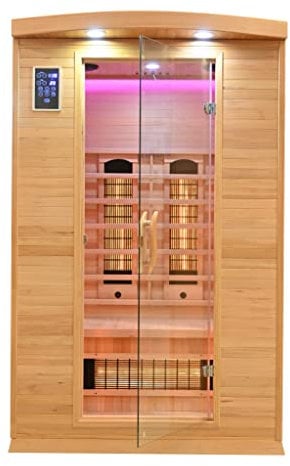 Elbe Infrarotkabine Lappland für 2 Personen aus Hemlockholz, 5 Vollspektrumstrahler, 1 Carbonstrahler, Saunakabine mit Farblichtherapie, Ionisator und Audio System, 120x120x190 cm