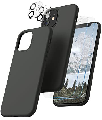 CALOOP 5 in 1 Designed for iPhone 12 Case and iPhone 12 Pro Case 6.1, with 2 Pack Screen Protector & 2 Pack Camera Lens Protector, Soft Liquid Silicone Gel Slim Shockproof Cover, Space Gray