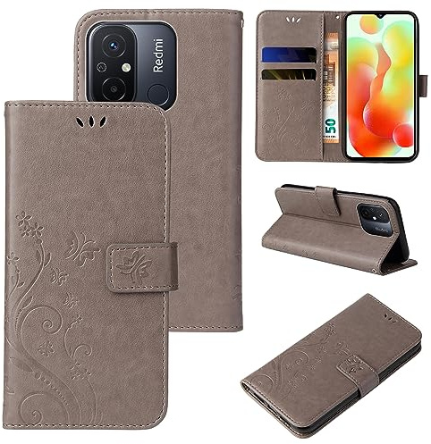 LBH Handy Hülle für Xiaomi Redmi 12C Case Handytasche Schmetterling Blumen Flower Standfunktion Schutzhülle Magnet Rundum Schutz 360 Grad Flipcase Cover Grau